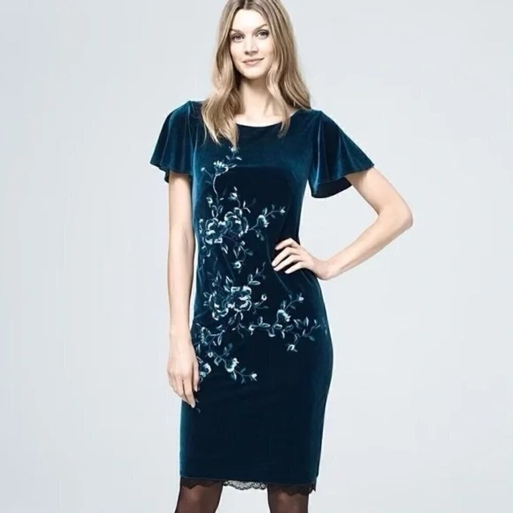 White House Black Market Petite Blue Velvet Flutter Short Sleeve Shift Dress XSP
